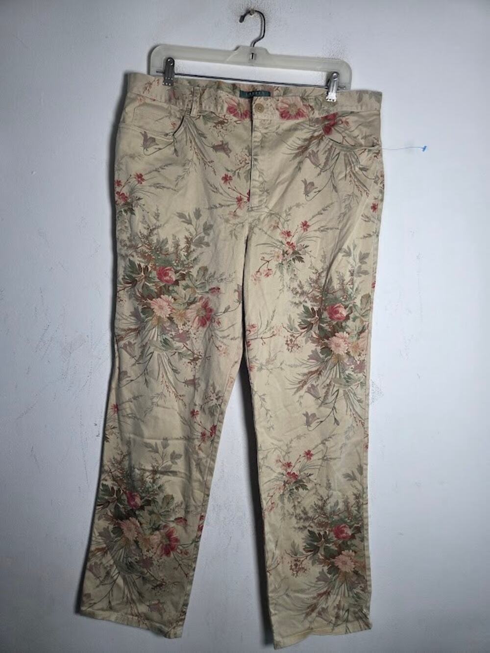 Lauren Ralph Lauren Beige w/Autumn Floral Midrise Straight Leg Cotton Pant sz 16